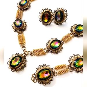 Vintage heliotrope watermelon rainbow rhinestone necklace bracelet earrings set
